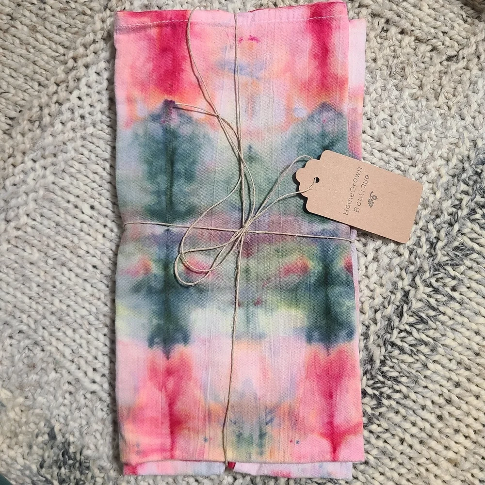 Handmade Kitchen Tea Towel Set Of 2 Pink And Green 100% Cotton Tie Dye